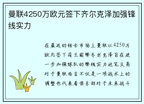 曼联4250万欧元签下齐尔克泽加强锋线实力