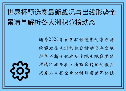 世界杯预选赛最新战况与出线形势全景清单解析各大洲积分榜动态 世界杯预选赛最新战况与出线形势全景清单解析各大洲积分榜动态