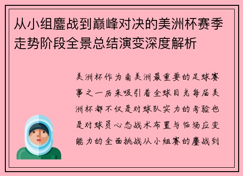 从小组鏖战到巅峰对决的美洲杯赛季走势阶段全景总结演变深度解析