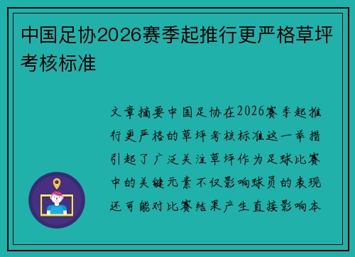 中国足协2026赛季起推行更严格草坪考核标准